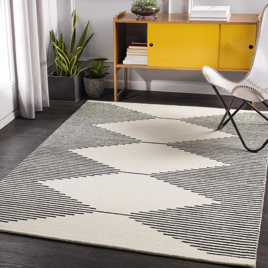Walkerston Hand Tufted Wool Rug Black with cream base and black line motif Boutique Rugs on Tampa Home & Garden Store