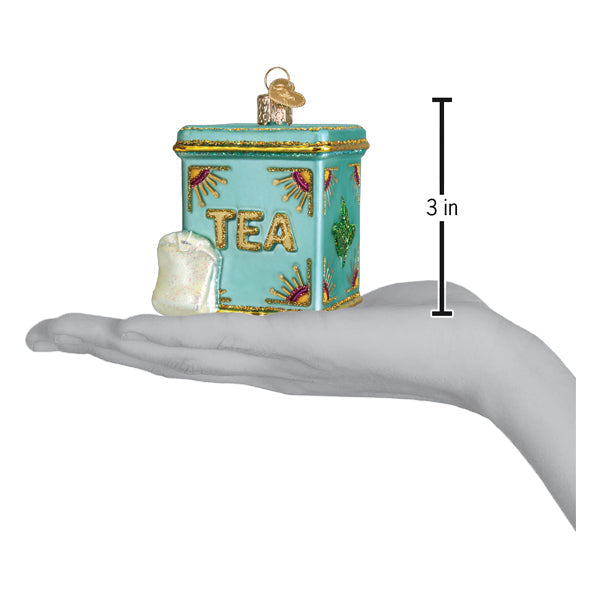 Tea Tin Glass Ornament teal keepsake 3 in decorative Christmas ornament with gold trim on Tampa Home & Garden Store