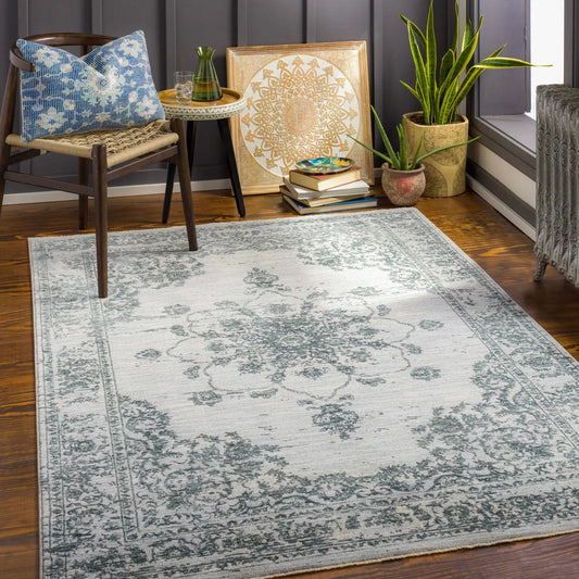 Wandina Luxe Polyester Area Rug Boutique Rugs in light gray with blue medallion pattern on Tampa Home & Garden Store