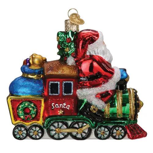 Santa on Locomotive Glass Ornament red engine with glitter Santa and hanging loop on Tampa Home & Garden Store