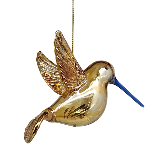 Gold etched glass hummingbird ornament with gold hanging cord on Tampa Home & Garden Store