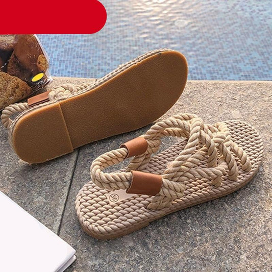 Stevvex braided rope sandals beige woven footbed with tan accents on Tampa Home & Garden Store