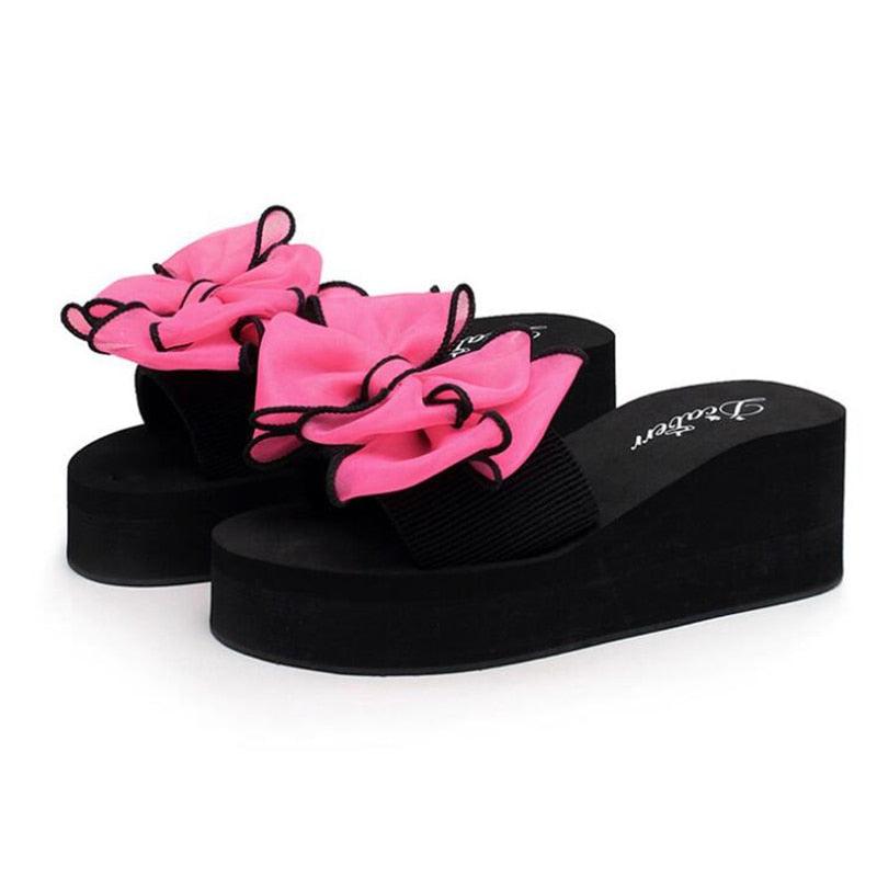 Stevvex Women Bow Summer Sandals with pink knotted bows on black platform slide pair on Tampa Home & Garden Store
