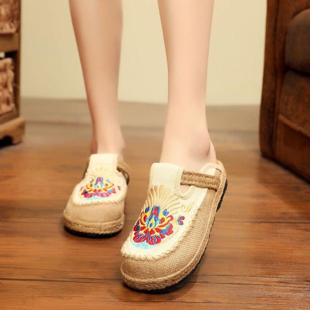 Women casual linen handmade mules with floral embroidery, beige espadrille slippers Stevvex on Tampa Home & Garden Store