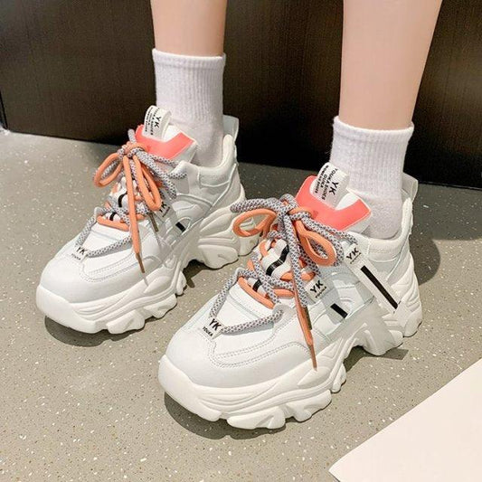 Stevvex women chunky sneakers with peach laces, white platform vulcanized shoes pair on Tampa Home & Garden Store