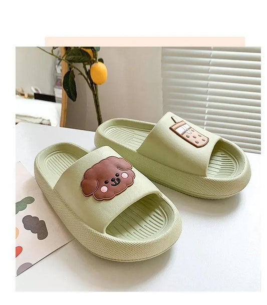 Stevvex women's indoor soft non-slip slippers pale green open-toe slides with dog face patch (pair) on Tampa Home & Garden Store