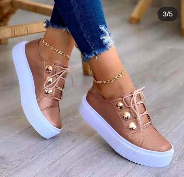 Stevvex women tan platform sneakers with white sole, lace-up front, gold stud accents pair on Tampa Home & Garden Store