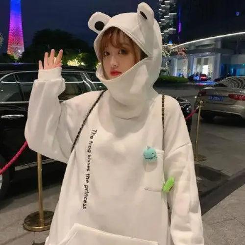 Women hoodie frog pullover white with bear hood, embroidery details Stevvex hoodies on Tampa Home & Garden Store