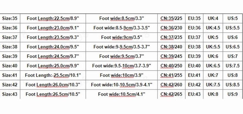 Sandals size chart showing foot length and width for sizes 35β43 across CN/EU/UK/US on Tampa Home & Garden Store