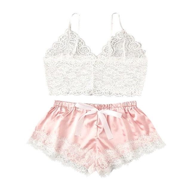 Stevvex white lace bralette and pink satin shorts lingerie set with lace trim on Tampa Home & Garden Store
