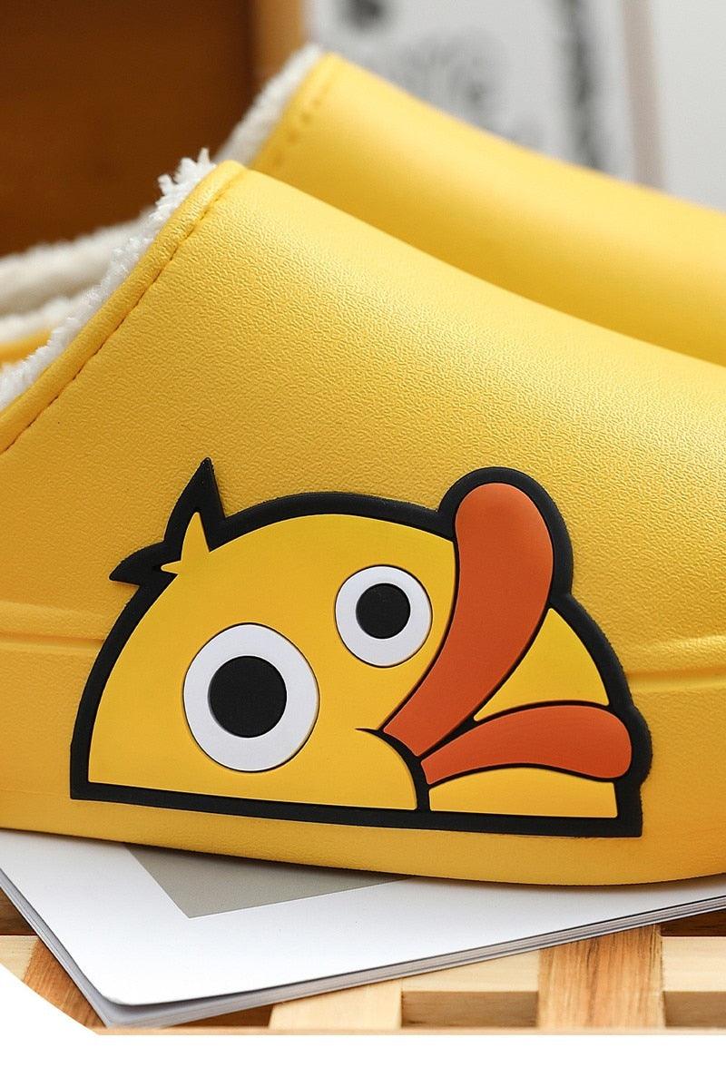 Stevvex yellow EVA slippers with cartoon duck graphic, open-toe, fluffy lining, thick sole on Tampa Home & Garden Store