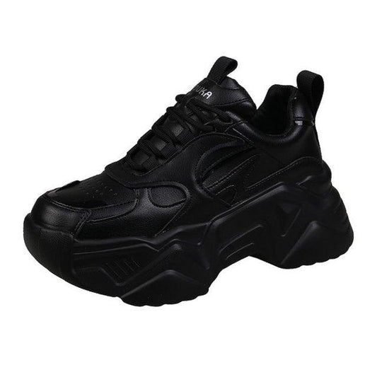 Women platform sneakers by Stevvex, black leather, chunky sole lace-up on Tampa Home & Garden Store