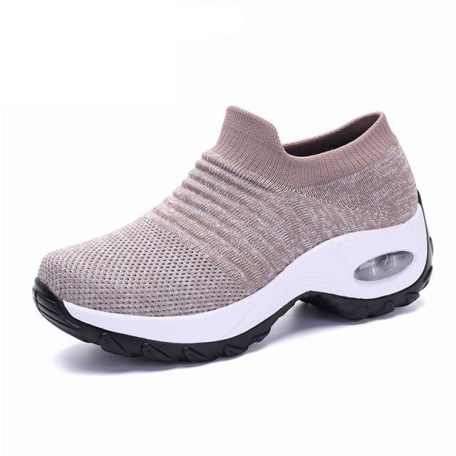 Stevvex women's knit sock sneakers, beige platform mesh upper with white midsole on Tampa Home & Garden Store