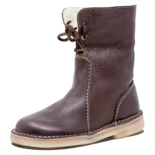 Stevvex brown leather mid-calf boot with lace-up and visible stitching on Tampa Home & Garden Store