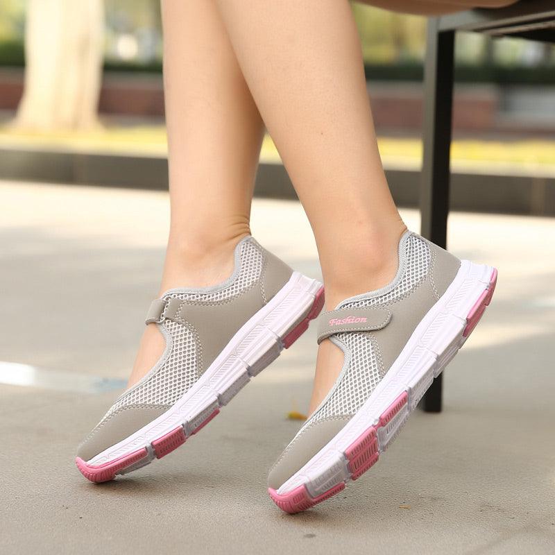 Women's Stevvex walking sneakers gray mesh with pink accents breathable casual shoes on Tampa Home & Garden Store