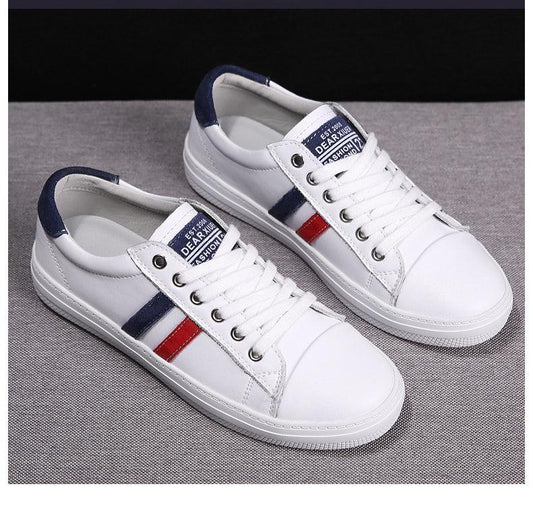 Stevvex women's white leather sneakers with red navy side stripes, lace-up vulcanized pair on Tampa Home & Garden Store