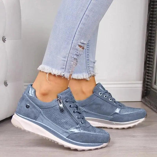 Stevvex Women's Shake Sneakers in blue, lace-up, side zip, mesh panels, non-slip white sole on Tampa Home & Garden Store