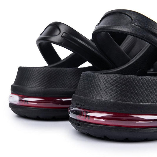 Women Stevvex black rubber sandals with back strap and red translucent midsole clogs on Tampa Home & Garden Store