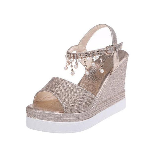 Stevvex women platform wedge sandals champagne upper fringe, peep toe, ankle buckle slingback on Tampa Home & Garden Store