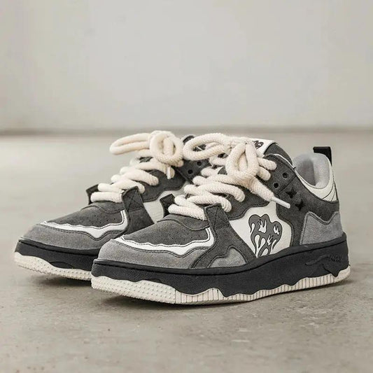 Unisex Retro Hip Hop Skate Shoes Volcano pair, grey black white with cream rope laces on Tampa Home & Garden Store