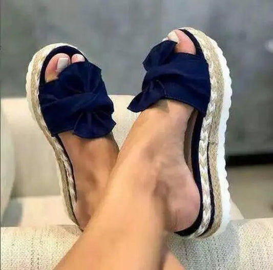 Stevvex women platform bow-tie open-toe sandals, navy blue with knotted bow and rope-sole on Tampa Home & Garden Store