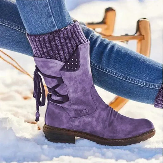 Stevvex Women Winter Boots purple suede with knit cuff and lace wrap low heel on Tampa Home & Garden Store