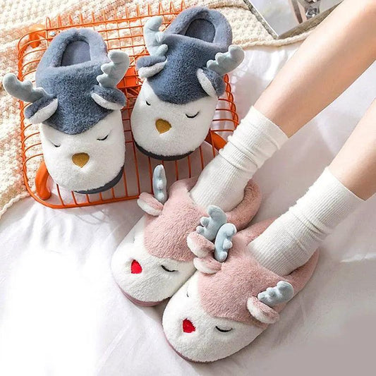 Women winter plush deer elk slippers set of 4 blue-gray pink non-slip sole on Tampa Home & Garden Store