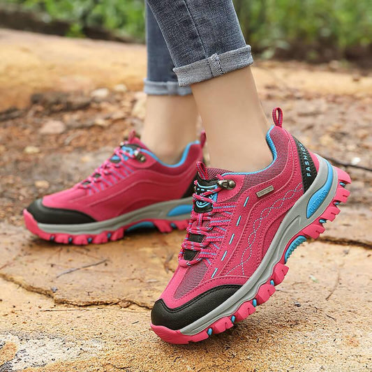 Stevvex womens hiking boots pink with blue accents, lace-up anti-slip rugged outsole on Tampa Home & Garden Store