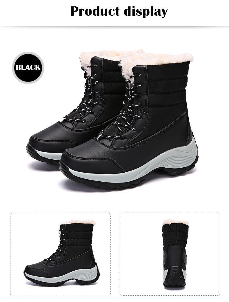 Stevvex black waterproof winter boots with faux fur lining and chunky non-slip sole, pair on Tampa Home & Garden Store