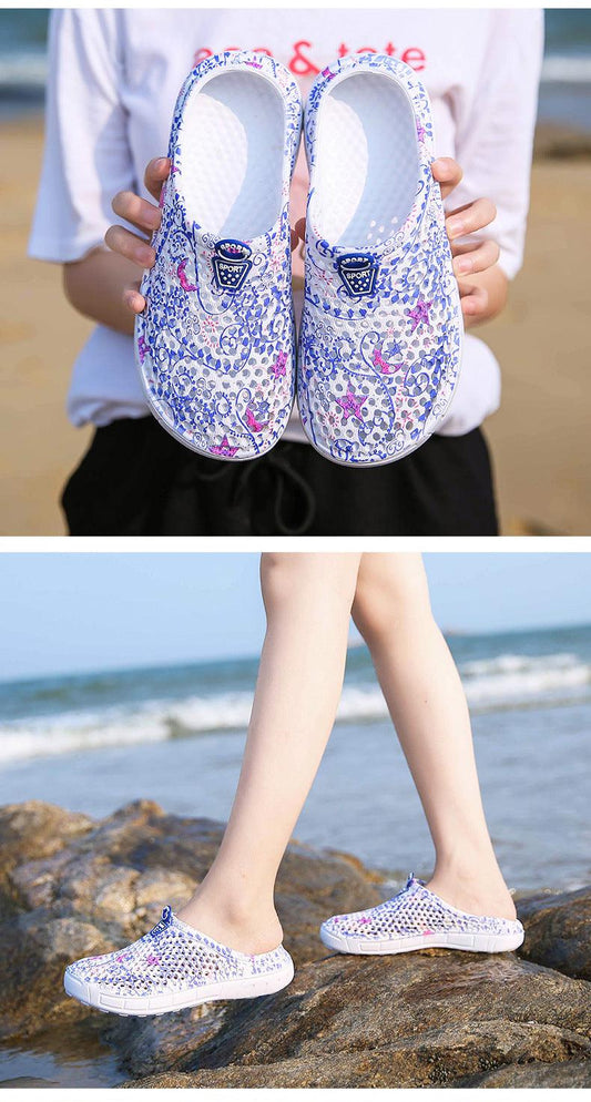 Stevvex womens clogs slip-ons blue floral upper quick-dry beach sandals on Tampa Home & Garden Store