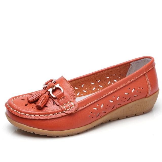 Womens flats Stevvex coral genuine leather slip-on with tassels and cutout perforations on Tampa Home & Garden Store