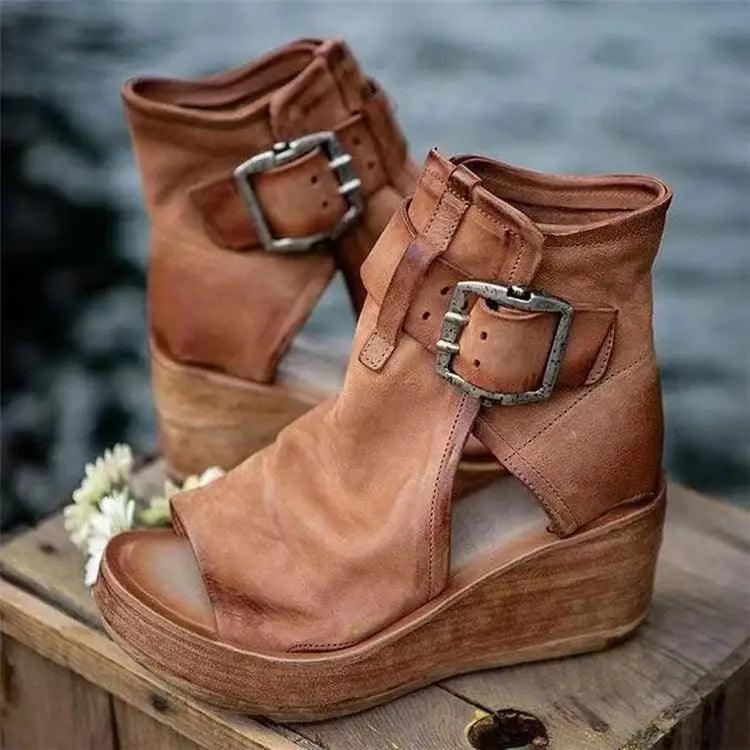 Womens Stevvex brown leather wedge sandals with peep toe and single buckle ankle strap on Tampa Home & Garden Store