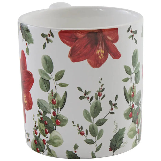 Celebrate the Season Festive Floral Mug white ceramic mug with red blooms and green foliage on Tampa Home & Garden Store