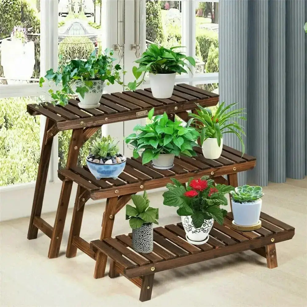 Three Tier Wood Ladder Plant Stand by Decorbites in brown wood for indoor use with potted plants on Tampa Home & Garden Store