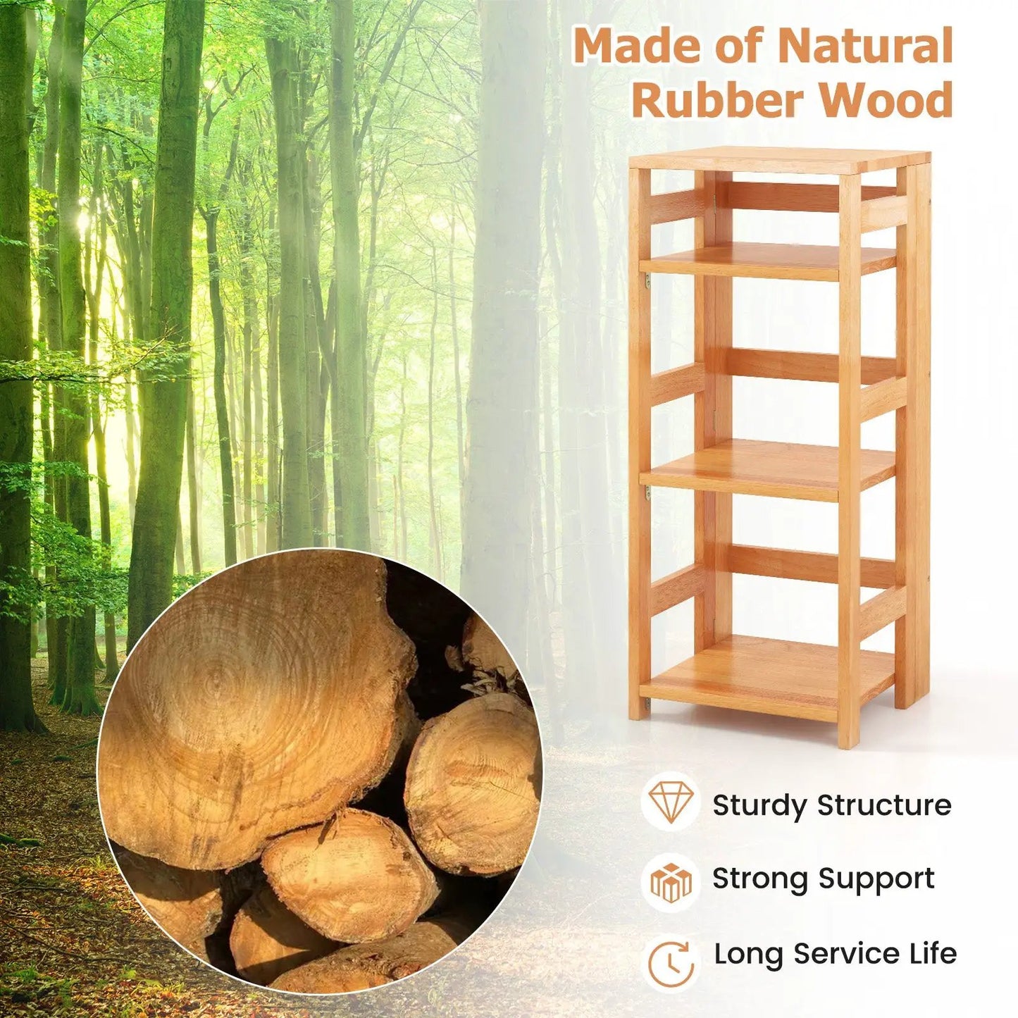 4-Tier Bookshelf Rubber Wood Bookcase with Side Fences for Living Room-14 inches - Tampa Home & Garden Store