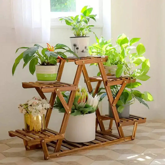 Étagère à plantes triangulaire en bois marron avec étagères pliantes pour salon