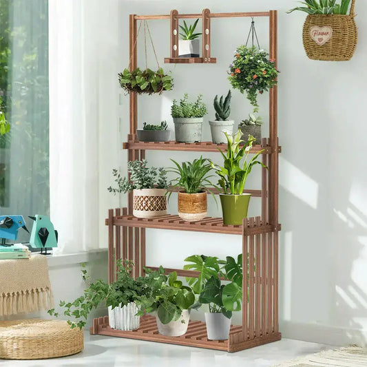 3-Tier Wooden Hanging Plant Stand by Decorbites indoors brown wood with multiple potted plants on Tampa Home & Garden Store