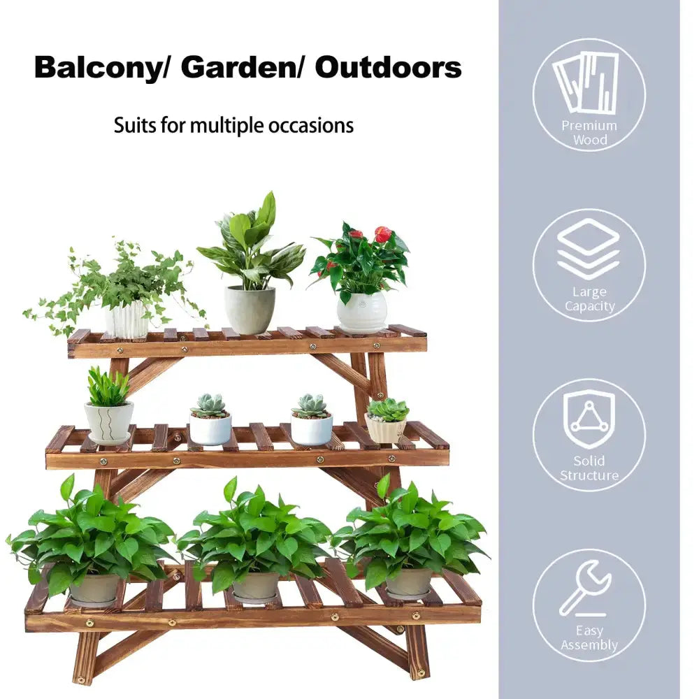 Large 3-tier wooden plant stand in natural wood finish with multiple potted plants for indoor garden on Tampa Home & Garden Store