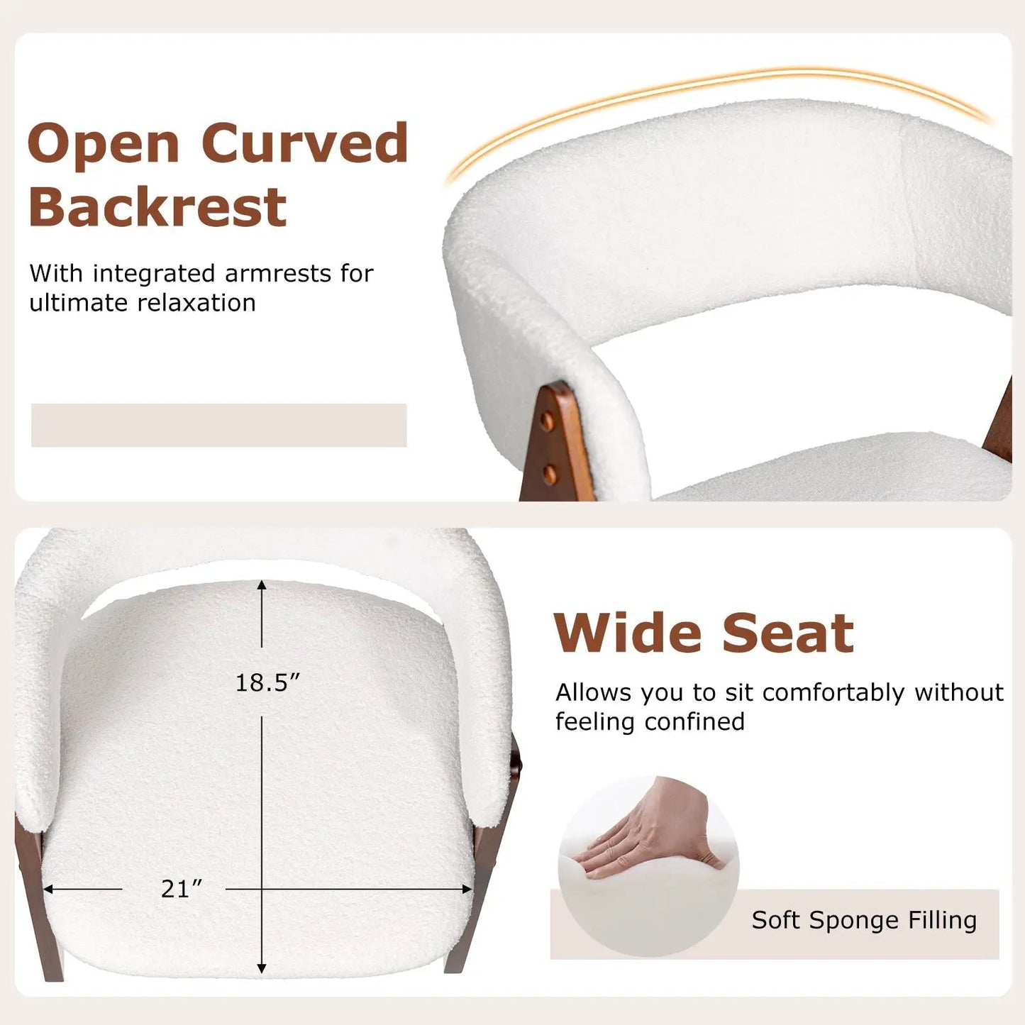 Wooden dining chair with white sherpa upholstery and curved backrest in mid-century style on Tampa Home & Garden Store