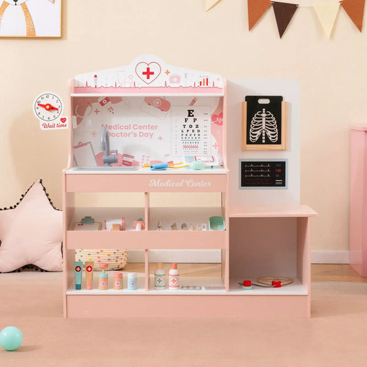 Pink wooden doctor playset with stethoscope and medical tools for toddlers on Tampa Home & Garden Store