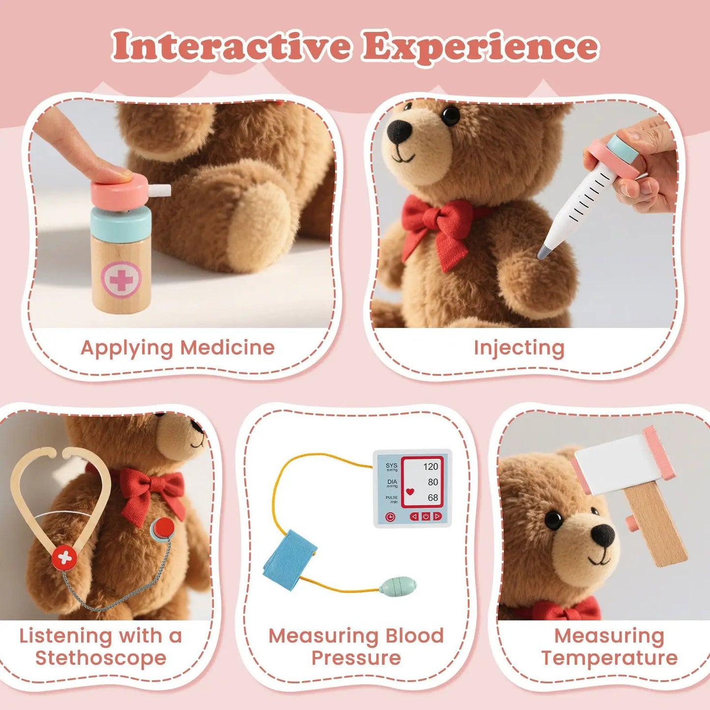 Wooden Doctor Playset for Toddlers with plush bear, stethoscope, syringe, and medical tools on Tampa Home & Garden Store