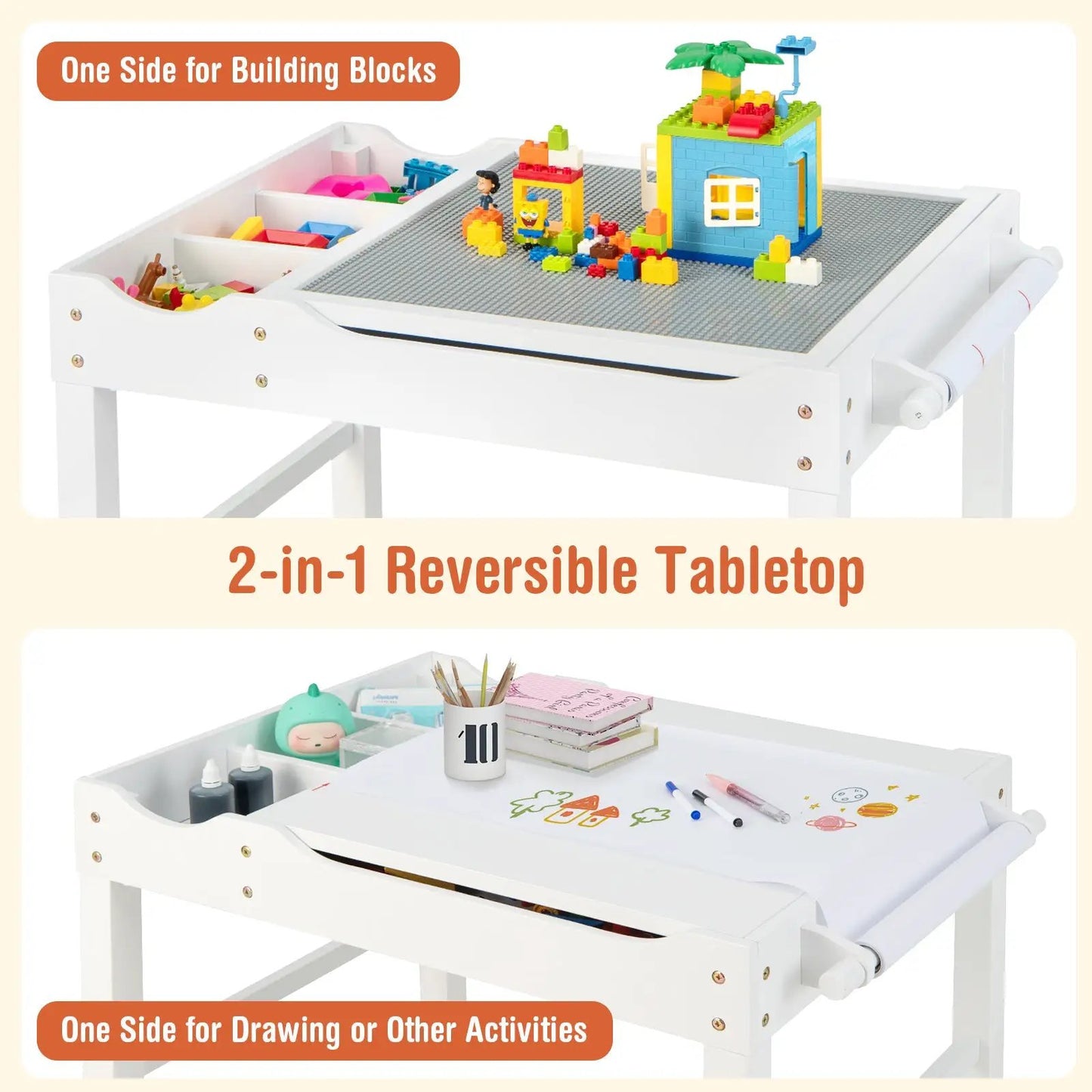 Wooden Kids Multi Activity Play Table with Storage Paper Roll-White - Tampa Home & Garden Store