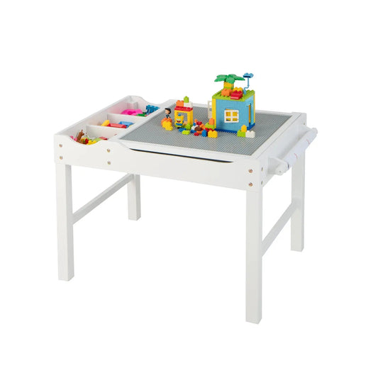Wooden kids multi activity table with storage white frame gray top and colorful building blocks on Tampa Home & Garden Store