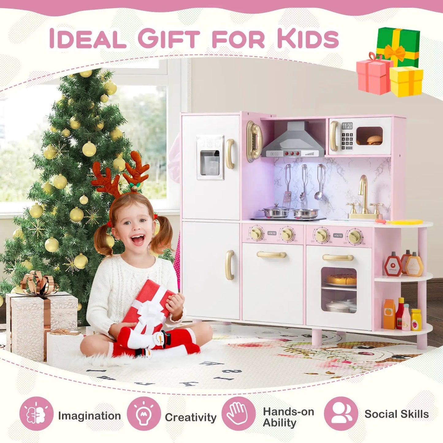 Wooden Kitchen Playset with Ice Maker and Sounds for Ages 3+-Pink - Tampa Home & Garden Store