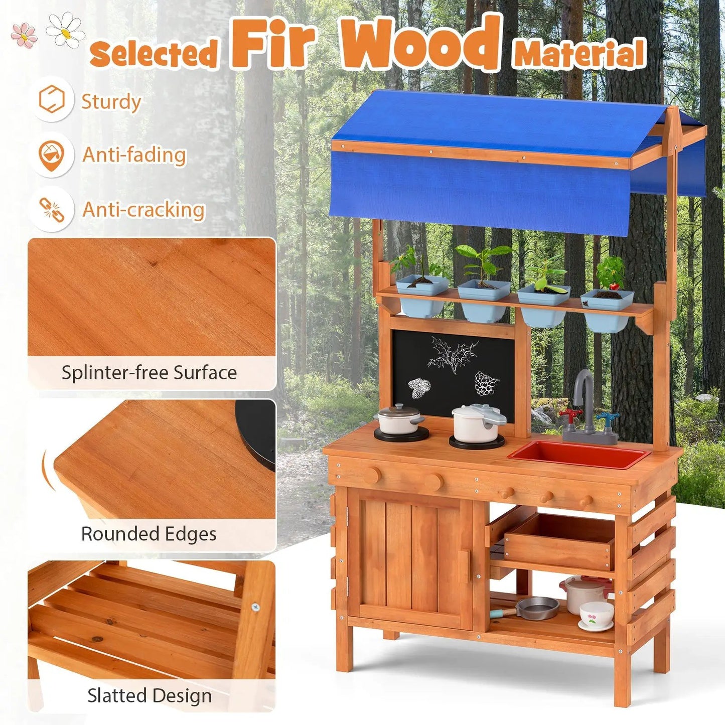 Wooden Pretend Play Kitchen with Height Adjustable Canopy for Kids-Natural - Tampa Home & Garden Store