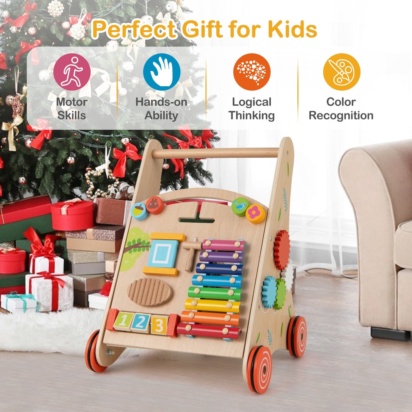 Wooden push and pull baby walker with storage natural wood bead panel DirectDeals on Tampa Home & Garden Store