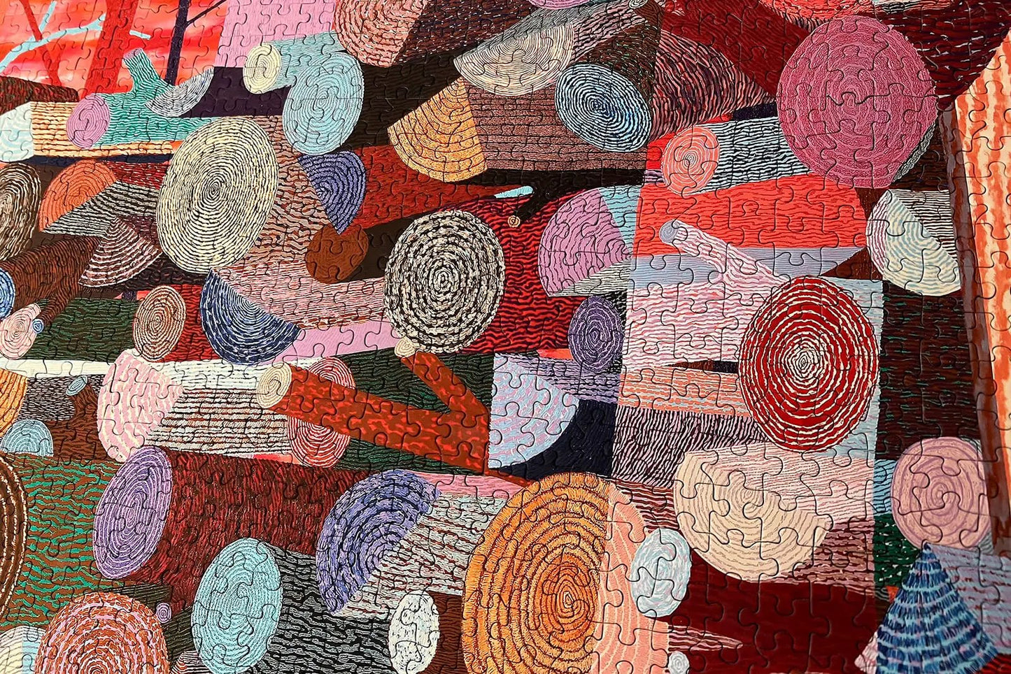 Woodpile 1000-piece jigsaw puzzle by Benjamin Degen, vibrant colorful woodgrain log-disc motifs Lininus Puzzles on Tampa Home & Garden Store