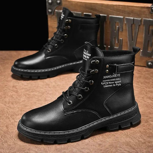 Martin boots for men high-top black leather pair with metal eyelets XiangXJIEYE branding on Tampa Home & Garden Store