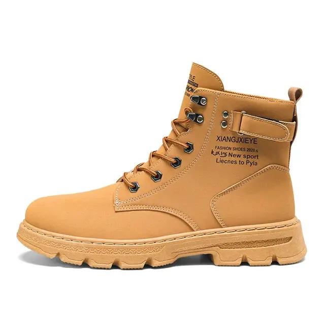 Men's yellow leather high-top Martin boots with metal eyelets and rugged sole on Tampa Home & Garden Store