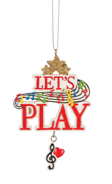 Music ornament Let's Play polyresin hanging figurine with red LET'S PLAY on a music staff and star on Tampa Home & Garden Store